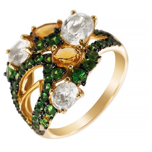 фото Jv кольцо из золота 585 пробы с кварцем, цаворитами и цитринами aas-3701r-ko-ts-ct-lq-yg, размер 17.5