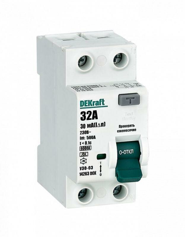 Выключатель дифференциального тока (УЗО) 2п 32А 30мА тип A 6кА УЗО-03 | код. 14263DEK | DEKraft ( 1шт. )