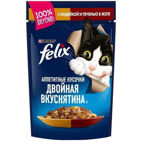 Влажный корм Felix Аппетитные кусочки. Двойная Вкуснятина для взрослых кошек, с индейкой и печенью, в желе, 0.075 кг, 6 шт.