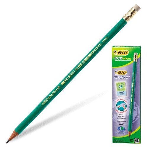 Карандаш чернографитный BIC, "Evolution", HB, с резинкой, пластиковый, корпус зеленый, заточенный, 8803323, 7 шт