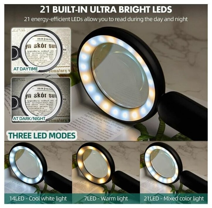 Лупа ручная OEM 7719-21 х10 подсветка теплая и холодная 21LED. — фото 5
