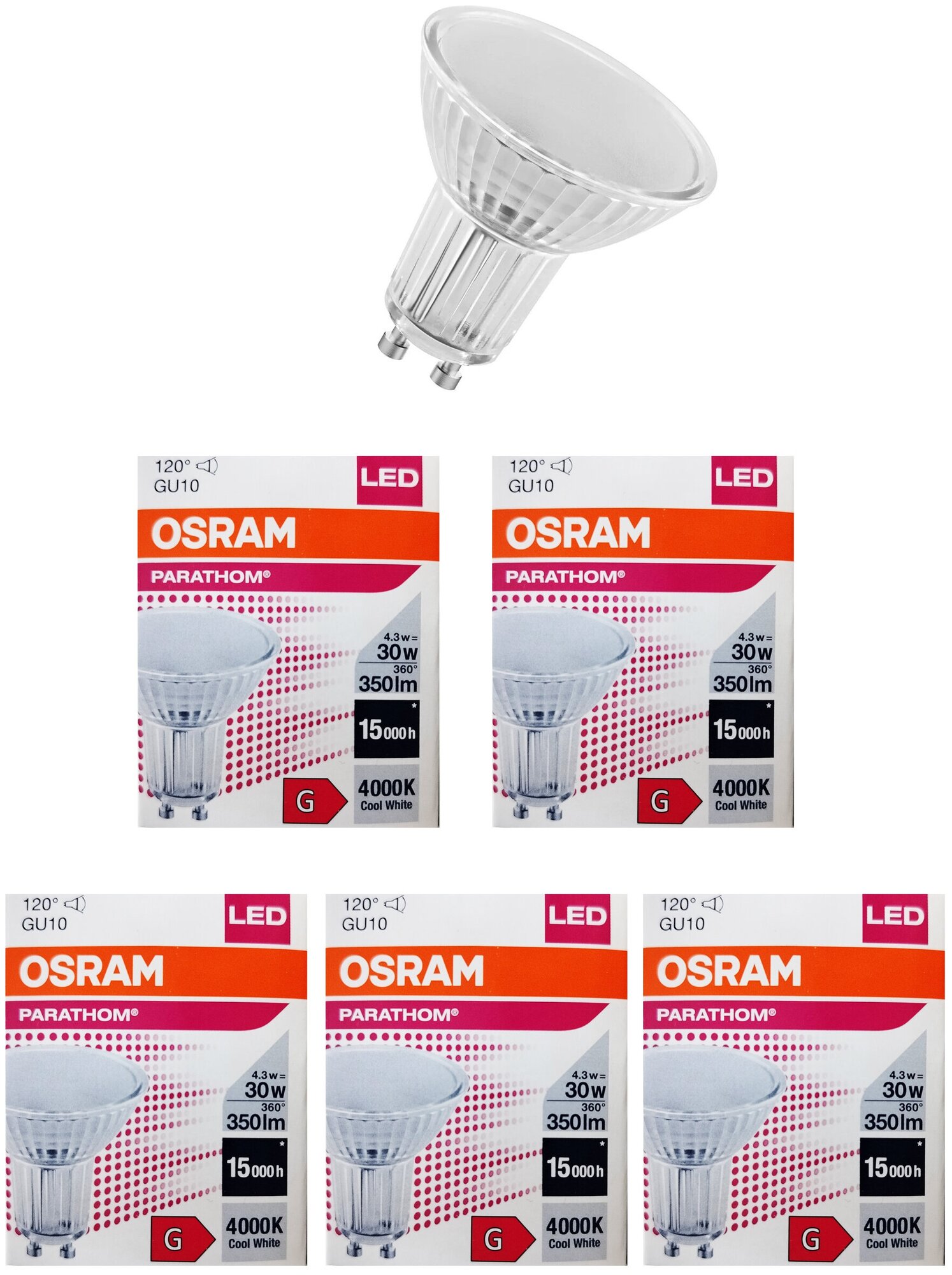 Лампа светодиодная OSRAM 4.3Вт GU10 PAR16 Софит 2-PARATHOM угол 120° 220В, 4000К 350Лм Нейтральный белый, уп. 5шт