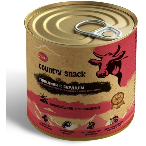 Country snack консервы для щенков и собак всех пород Говядина и сердце, 750 г.