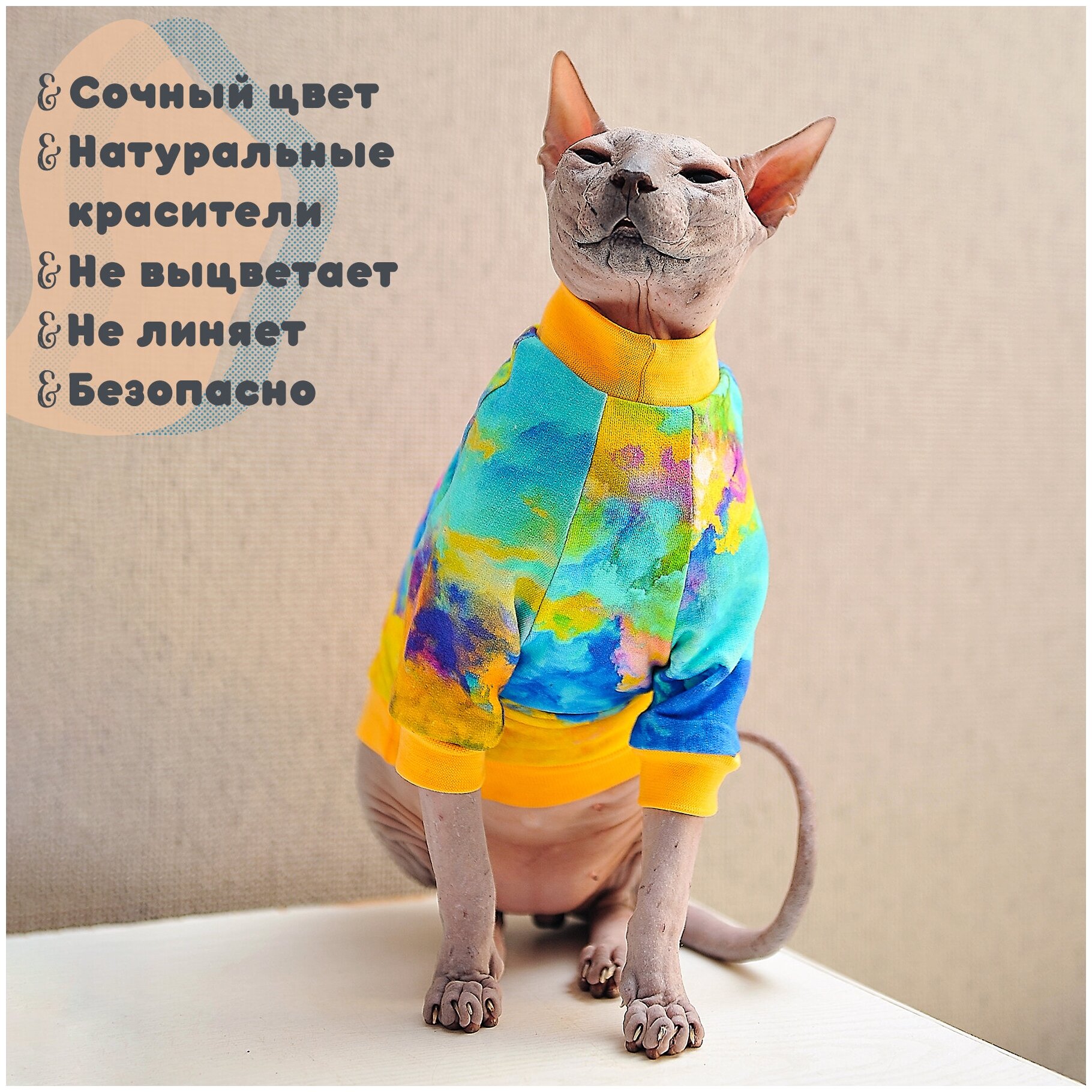 Одежда для кошек и котов - трикотажная кофта с рисунком Фестиваль красок, подходит для сфинксов - фотография № 2