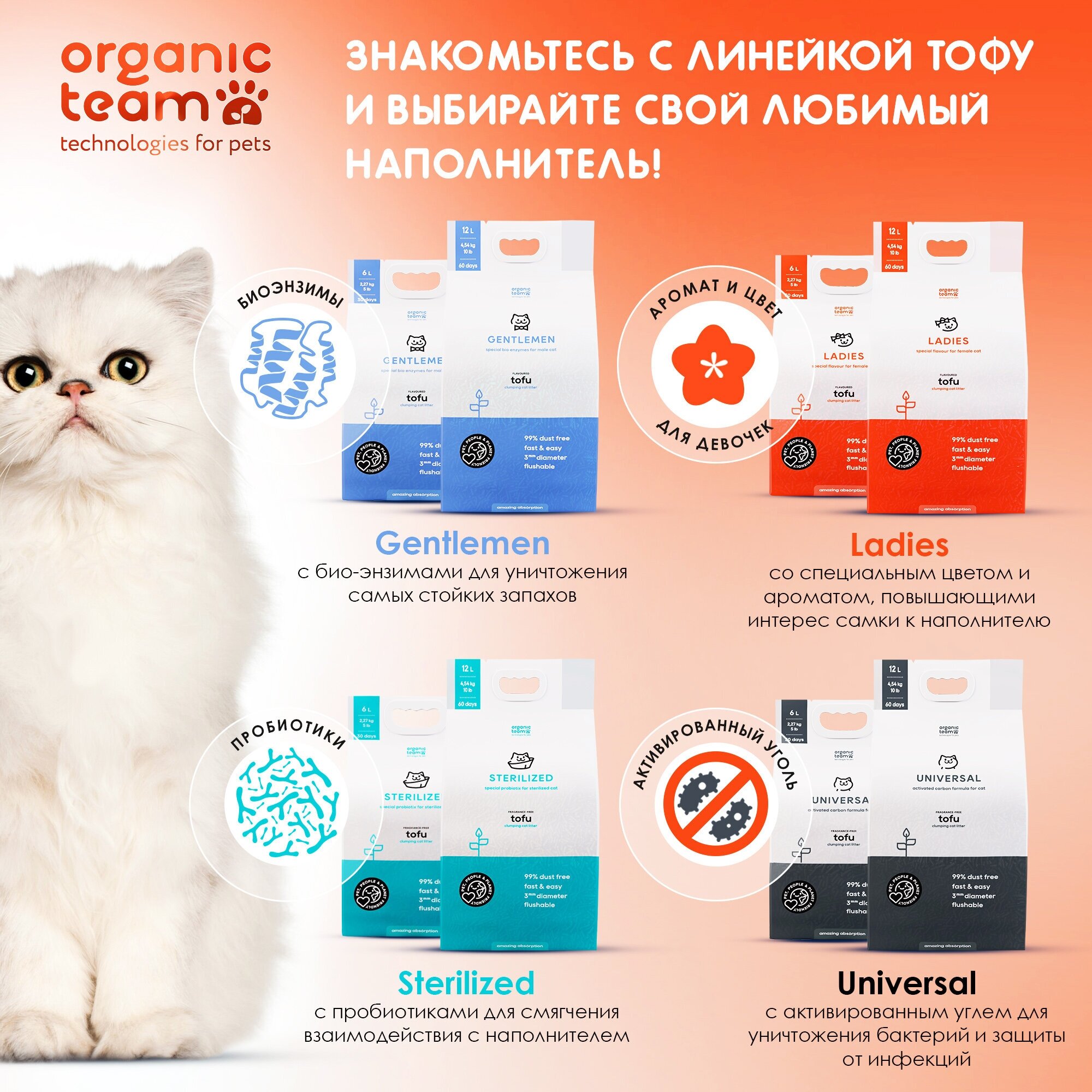 Organic team Tofu Ladies комкующийся наполнитель для кошачьего туалета, для леди 6 л - фотография № 2