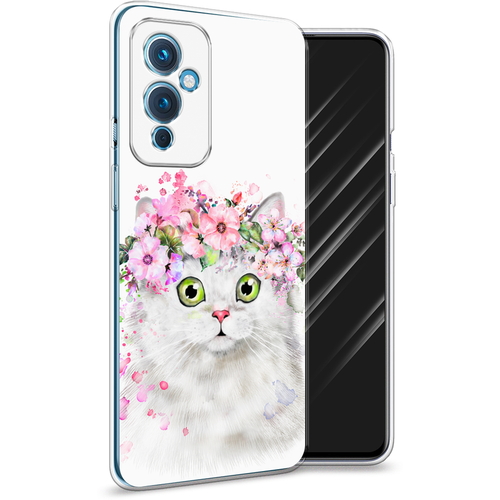 Силиконовый чехол на OnePlus 9 LE2110 / Ван плюс 9 LE2110 Белая кошка с цветами