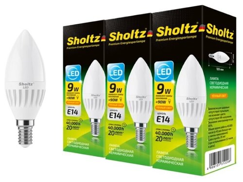 Комплект из 3 светодиодных энергосберегающих ламп Sholtz свеча С37 9Вт E14 2700К 175-265В керамика (Шольц) LEC3122T