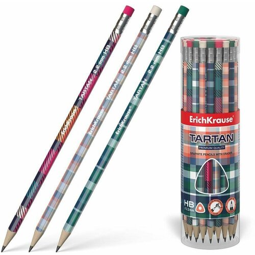 Чернографитный трехгранный карандаш с ластиком ErichKrause Tartan HB (в тубусе по 42 шт.)