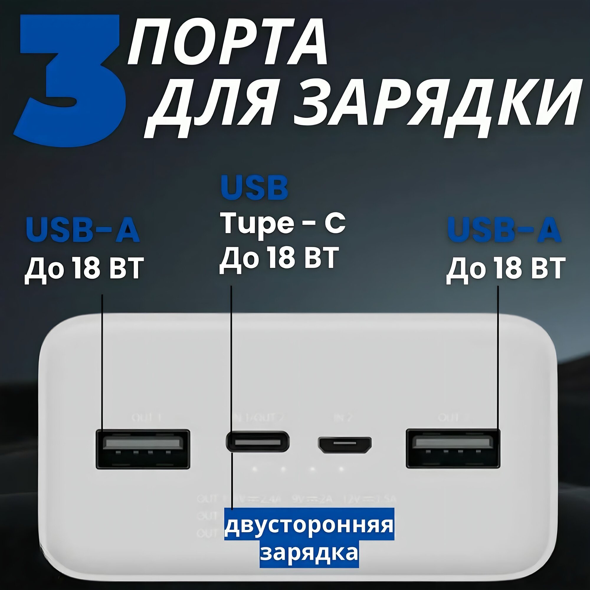 Внешний аккумулятор Power Bank 3, 30000mAh, 4 выхода, 250г, белый — фото 1