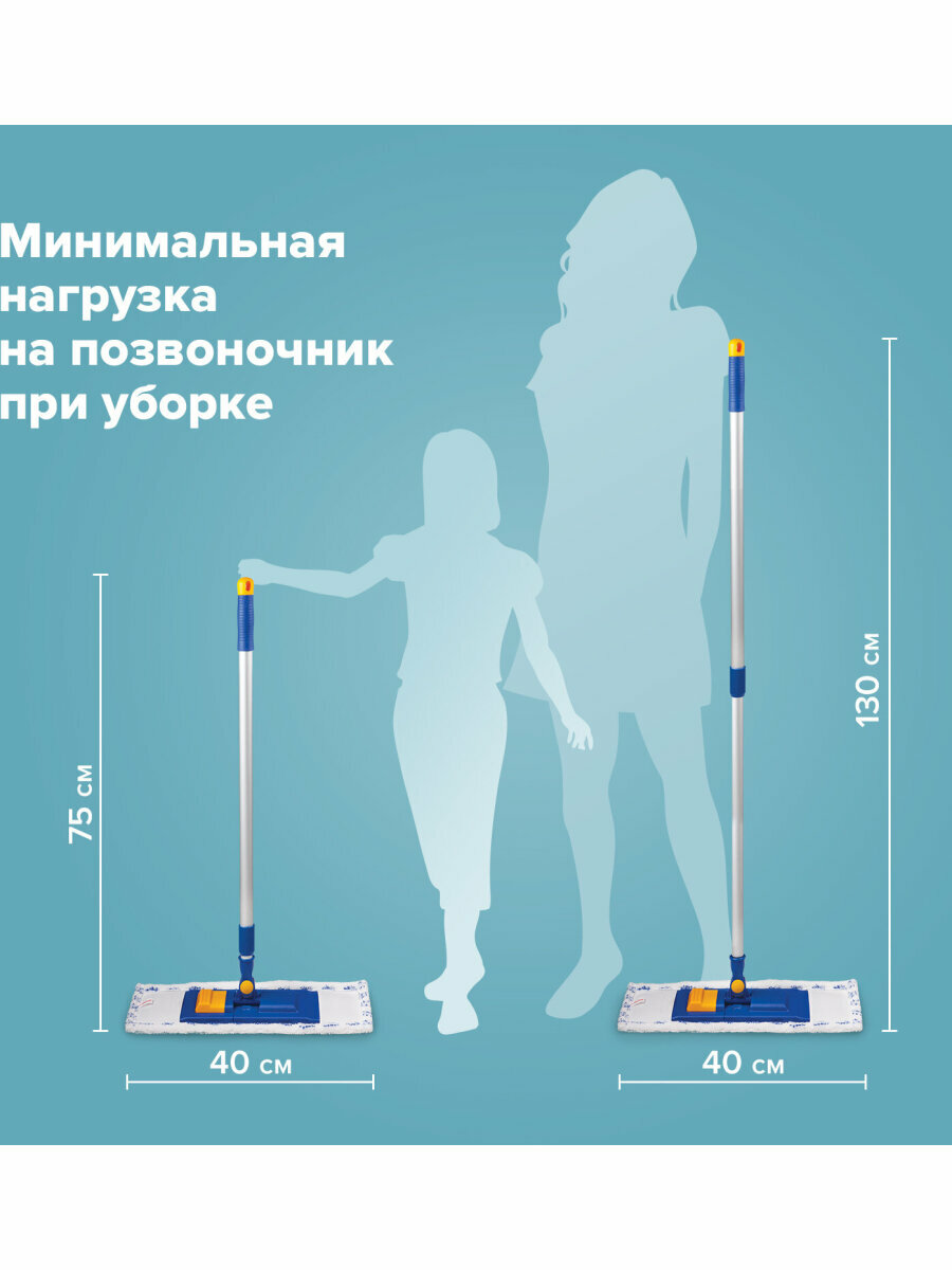 Швабра с флаундером 40 см, алюминиевый телескоп, черенок 130 см, Моп микрофибра/абразив, Лайма, 880303 — фото 1
