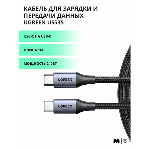 Кабель для быстрой зарядки и передачи данных Ugreen, USB-C на USB-C - PD 240Вт, 480 Mbps, Длина 1м, цвет серый (15311)