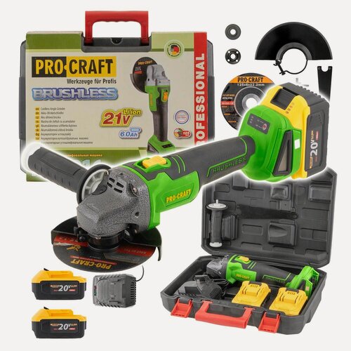 Изображение товара УШМ Procraft PWA216, бесщеточная, аккумуляторная, 2 АКБ, 20В.