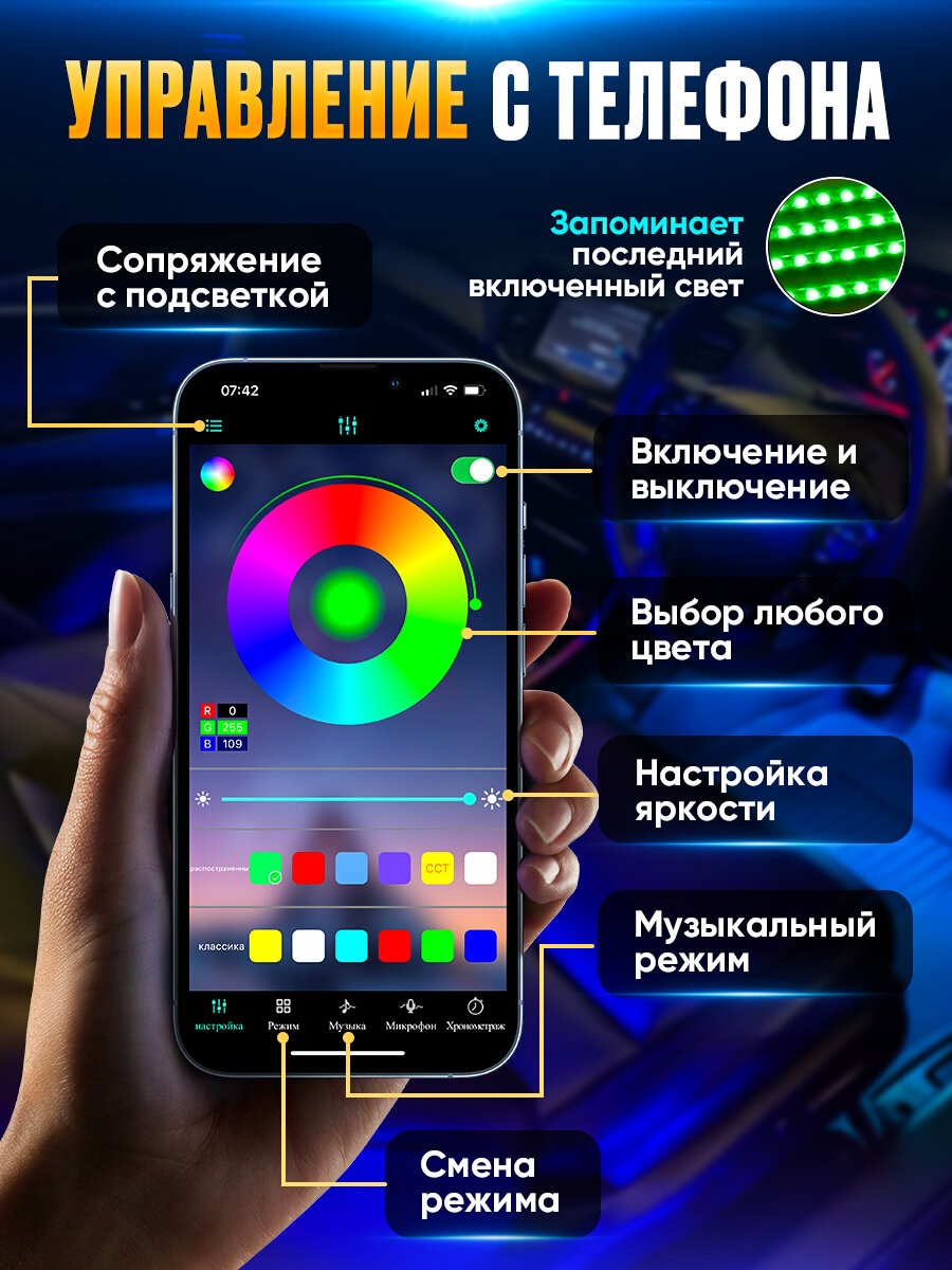 Подсветка салона автомобиля ног, неоновая лента для авто, управление с телефона, 4 модуля, работает от прикуривателя — фото 1