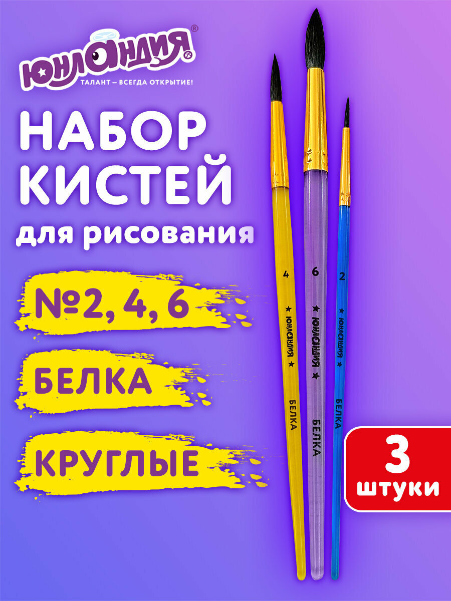 Кисти для рисования в школу набор 3 штуки кисточки круглые № 2 4 6 белка Юнландия 201071