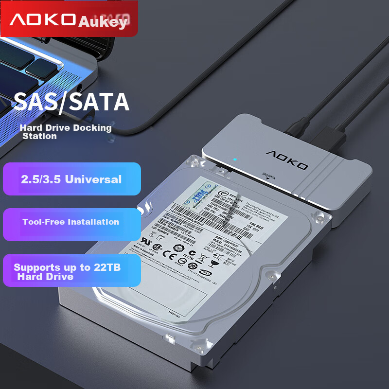 AOKO SAS Hard Drive Dock 2.5/3.5 Inch SAS/SATA Mechanical And Solid State Drive Enclosure SAS to USB 3.0 Enterprise-Grade Hard Drive Reader Adapter External Enclosure AU3SSL