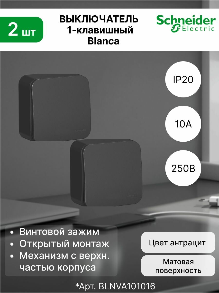 Выключатель 1-кл. О/У изол. пл. 10А, Антрацит BLANCA (комплект 2 шт)