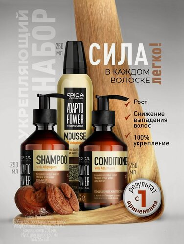 Изображение товара Epica Professional Набор для восстановления волос Adapto Power: Шампунь 250 мл и Кондиционер 250 мл, Мусс для волос 250 мл
