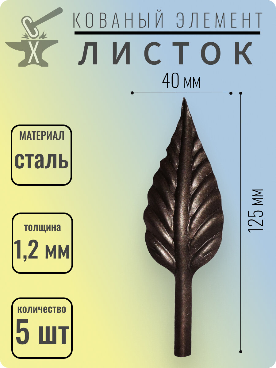 Кованый элемент Лист стальной. Размеры 125х40 мм. Толщина 1 мм - 5 шт