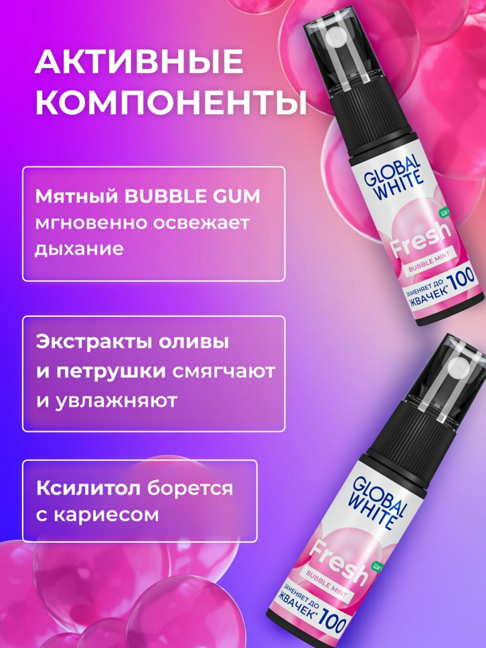 Спрей для полости рта GLOBAL WHITE Bubble mint, свежесть, 15мл — фото 1