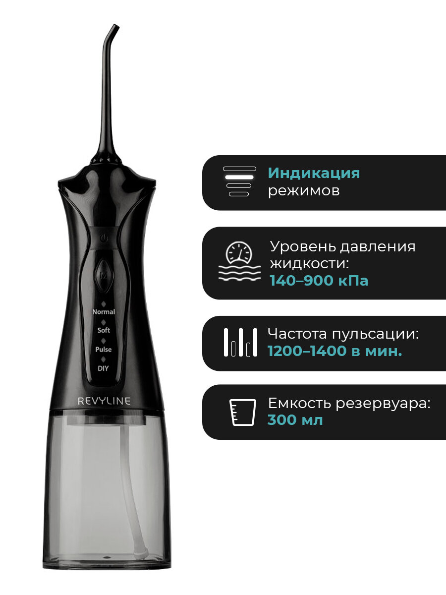 Ирригатор для зубов и десен Revyline RL 220 портативный черный, 2 насадки, для полости рта, для имплантов, для брекетов — фото 1