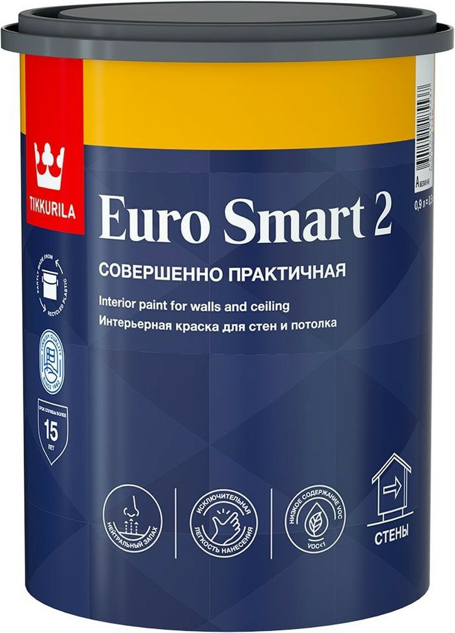 Краска интерьерная Tikkurila/Tikkivala Euro Smart 2 глубокоматовая белая 09 л