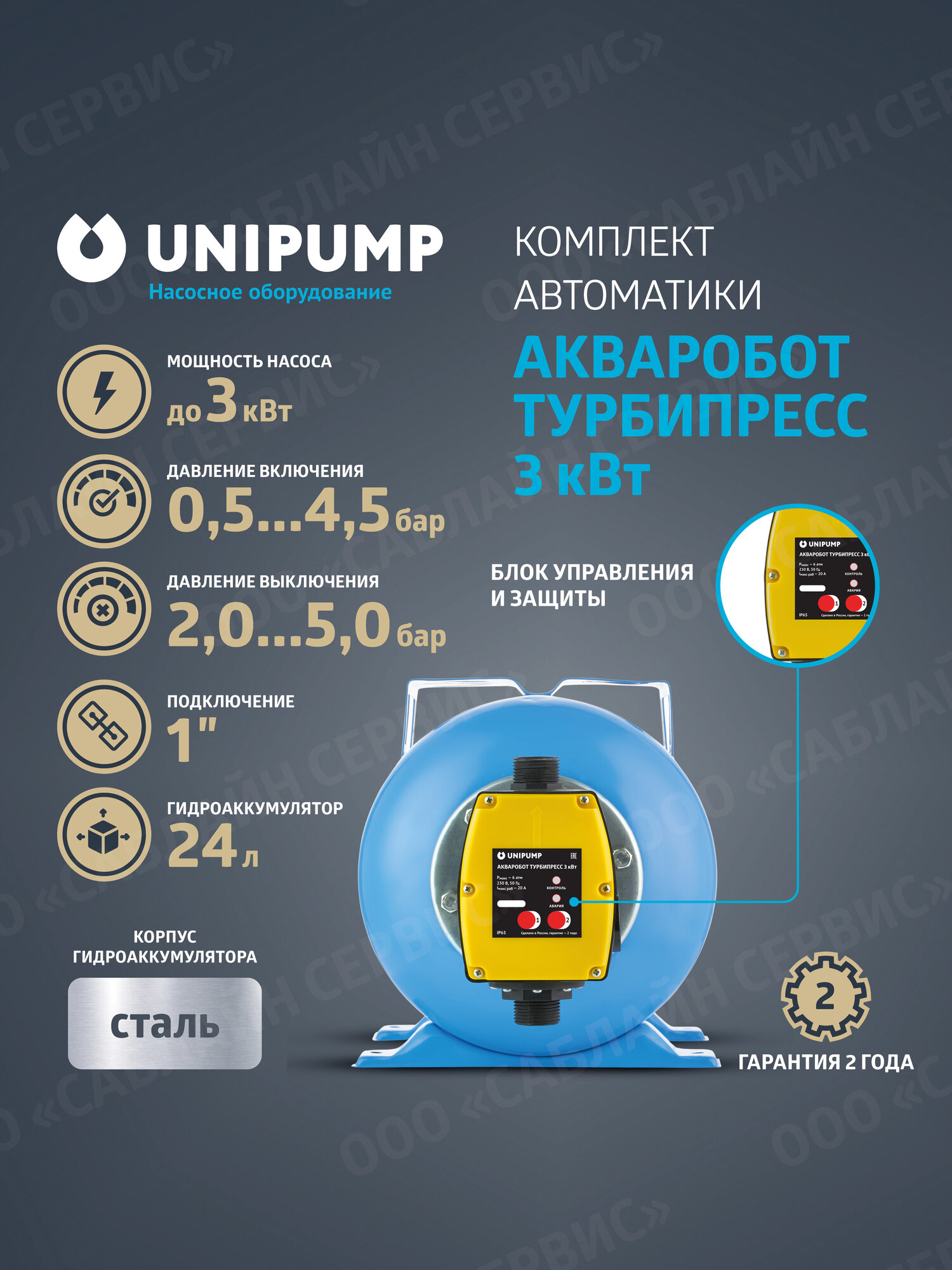 Автоматика для насоса UNIPUMP АКВАРОБОТ ТУРБИПРЕСС 30 кВт (бак 24 л)