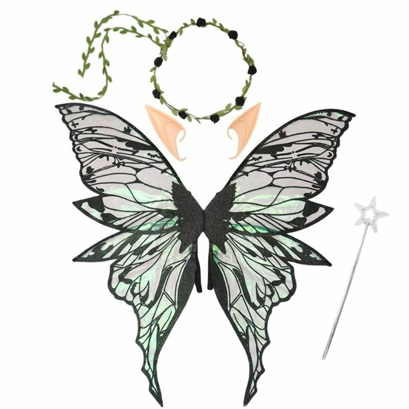 Набор костюма феи с цветочным венком ангельскими крыльями палочкой и ушами эльфа Черный Комплект