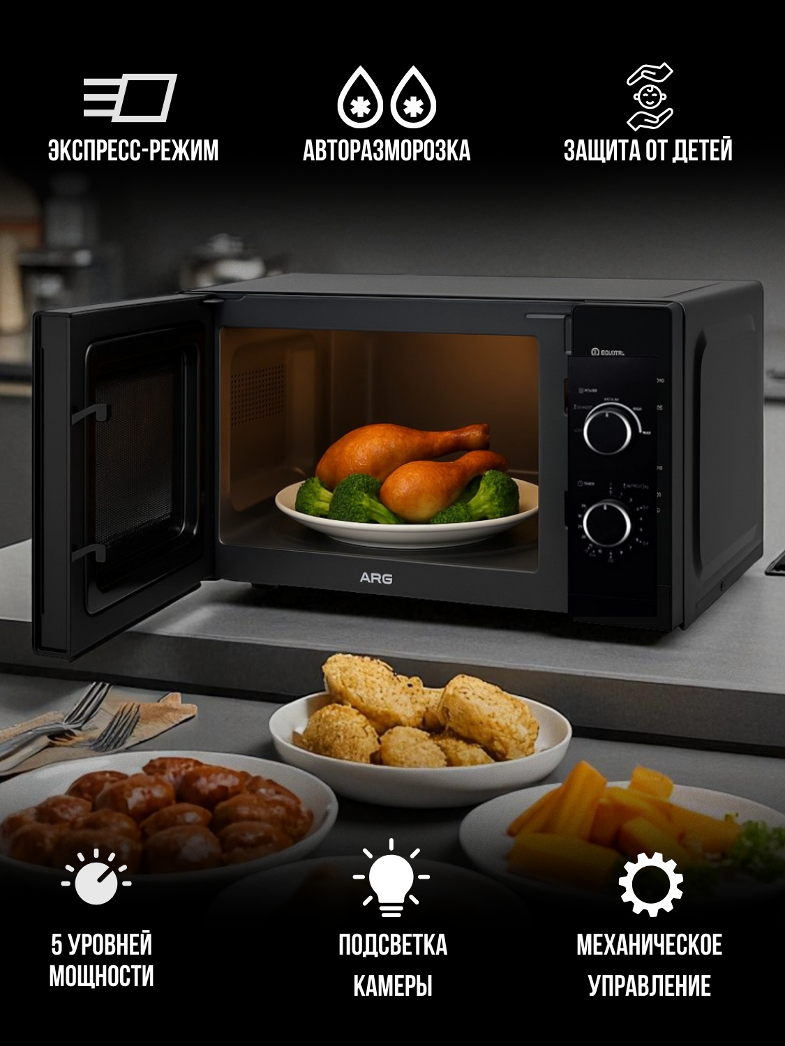 Микроволновые Печи Xiaomi Микроволновая печь ARG MM720CBU, 20 л, 700 Вт, 5 режимов, авторазморозка, отсрочка старта, защита от детей, черный