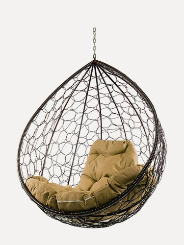 Изображение товара Подвесное кресло капля (без стойки), с ротангом коричневое, бежевая подушка