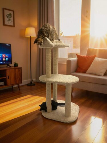 Изображение товара Когтеточка для кошек, Моя Котя, "Молочные реки", белый ковролин, с хлопковым канатом