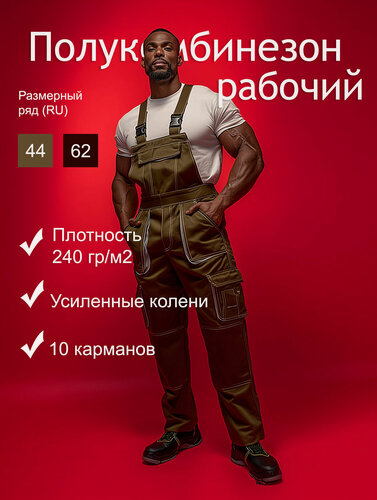 Изображение товара Спецодежда, Полукомбинезон рабочий арт.5582-1; Цвет: Хаки; Размер: 56-58, рост 170-176