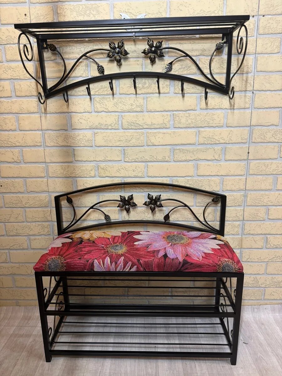 Кованая прихожая, вешалка + банкетка, Студия кованой мебели Нива, цвет красный бархат — фото 1