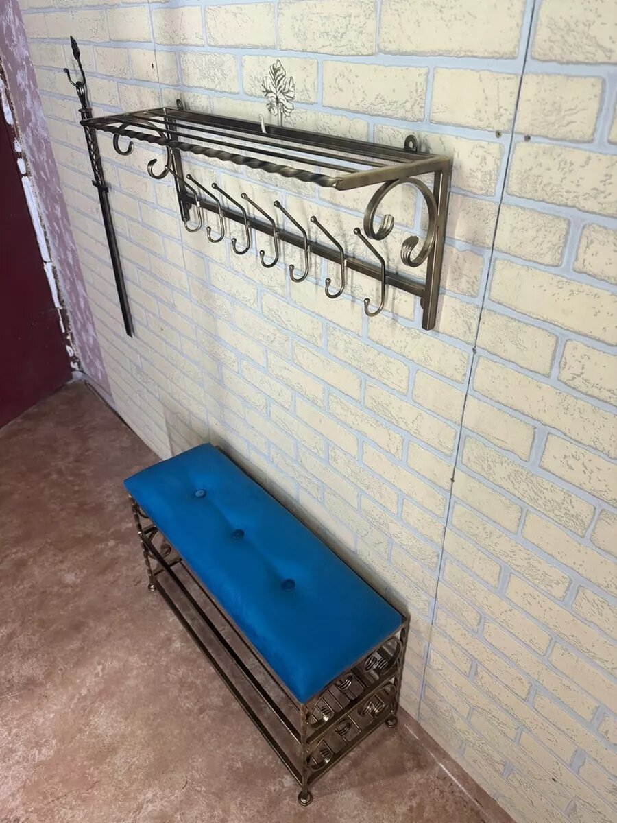 Кованая прихожая, вешалка + банкетка, Студия кованой мебели Нива, цвет античная бронза/синий — фото 1