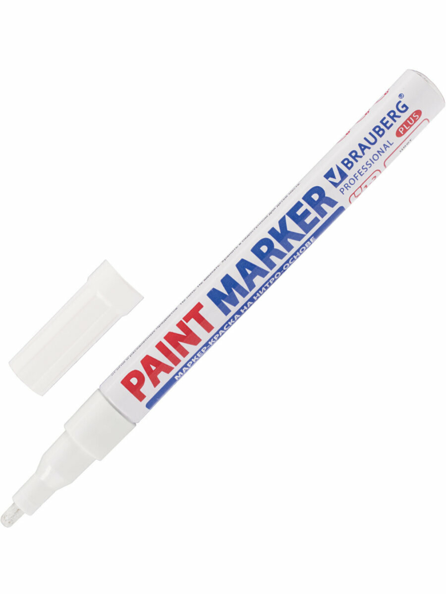 Маркер краска лаковый paint marker 2 мм строительный белый, нитро основа, Brauberg Proffessional Plus, 151438 — фото 1