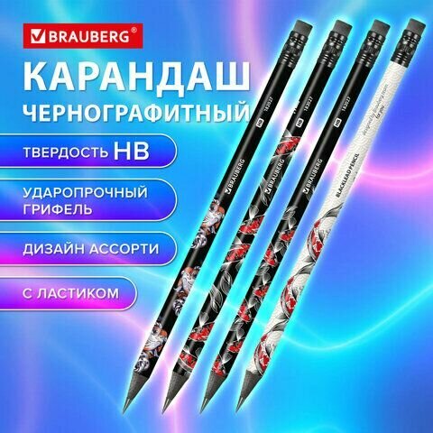 Набор карандашей BRAUBERG "FISH KOI" (8 штук/4 дизайна!), HB, с ластиком