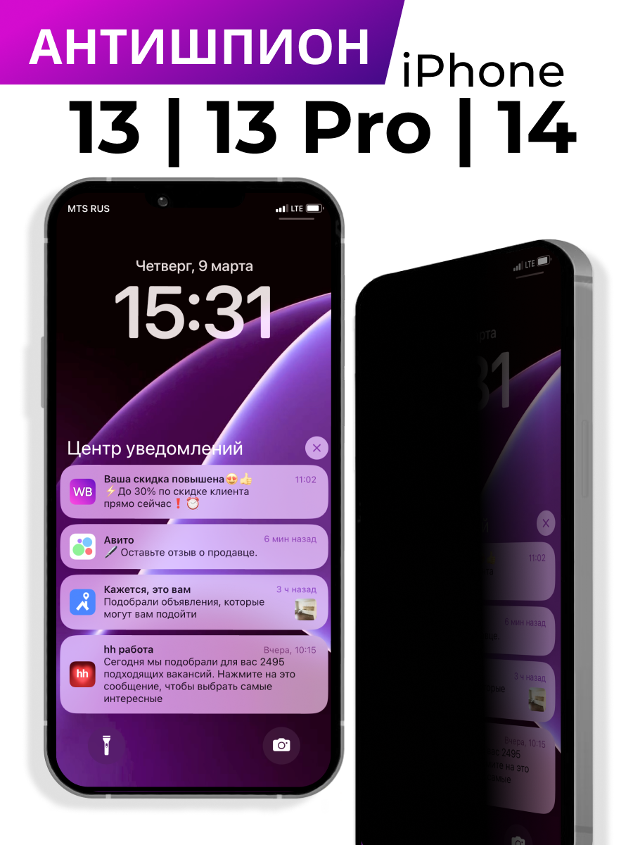 Защитное стекло на iPhone 13, 13 Pro, 14 Антишпион, противоударное