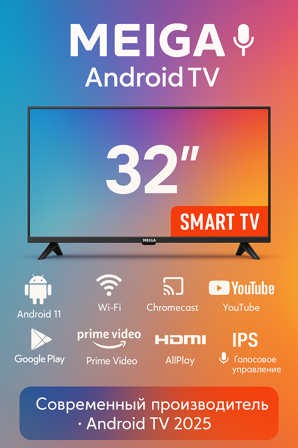 Телевизор MEIGA 32/40/50" – Смарт ТВ, Wi-Fi, HDMI, Четкое изображение, Стильный дизайн