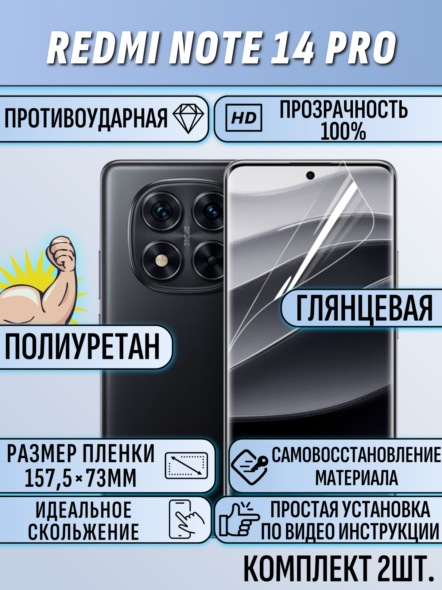 Гидрогелевая пленка для Redmi Note 14 Pro глянцевая 2 шт. в комплекте