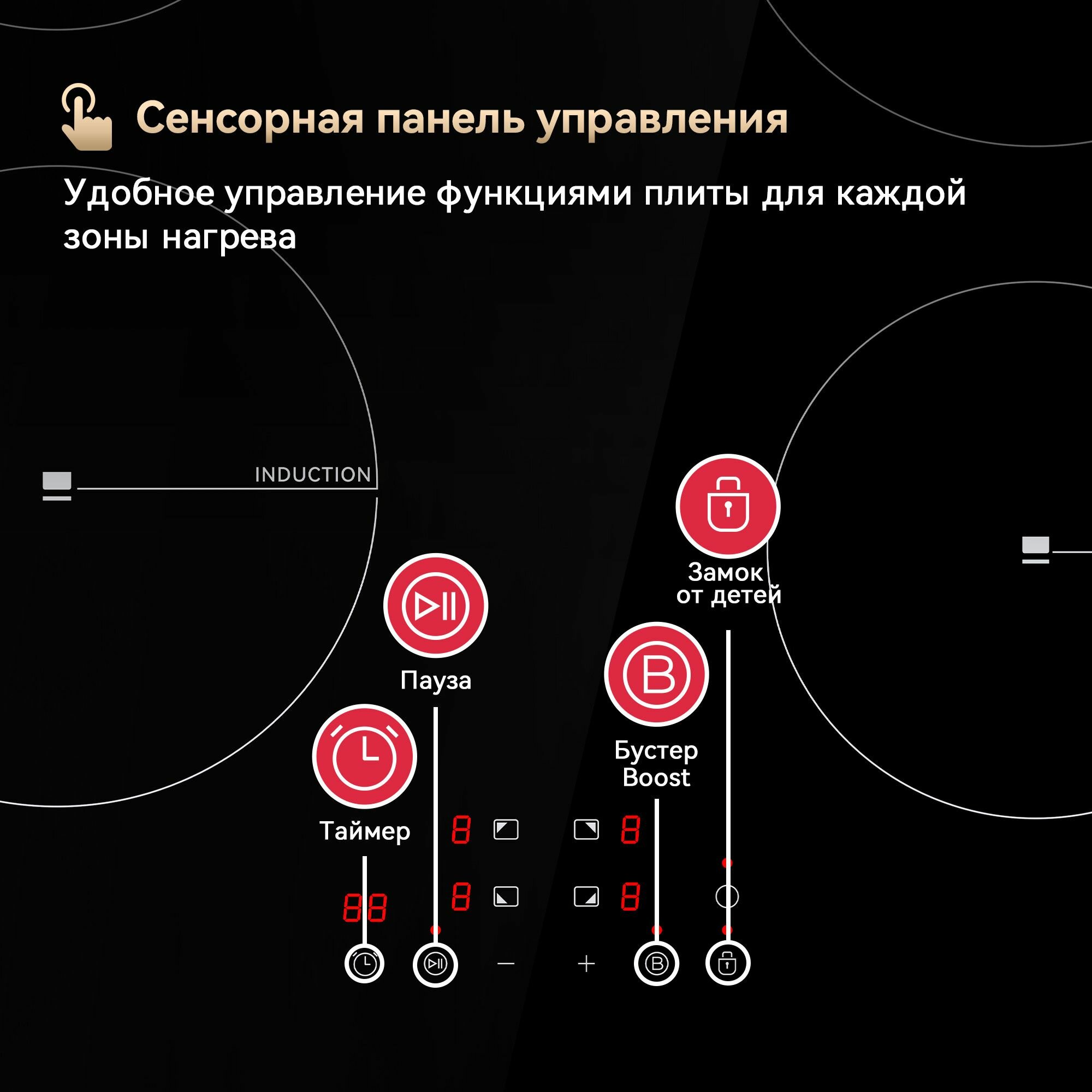 Варочная индукционная панель Tecasa TIH59EB с функцией непрерывного нагрева, Сенсорное управление, Мощность 7000 Вт, Таймер, Защитное автоотключение, 4 конфорки, 9 уровней мощностей — фото 1