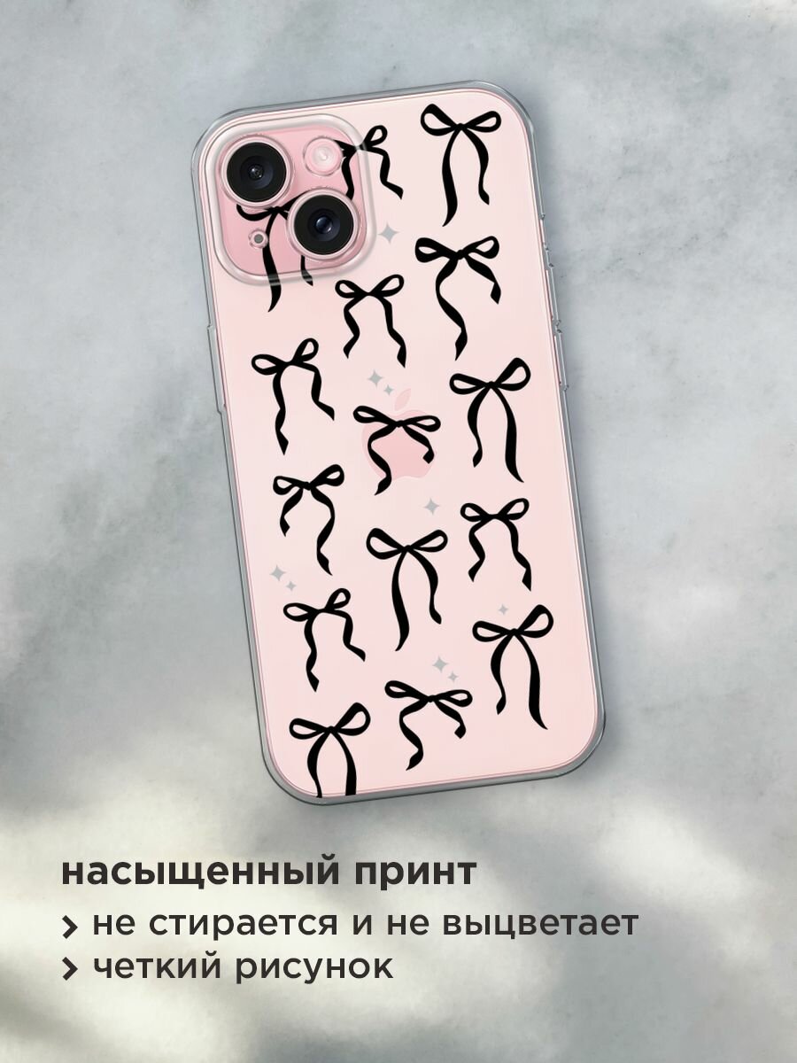 Чехол на Apple iPhone 15 / Айфон 15 с принтом "Black bows", прозрачный — фото 1