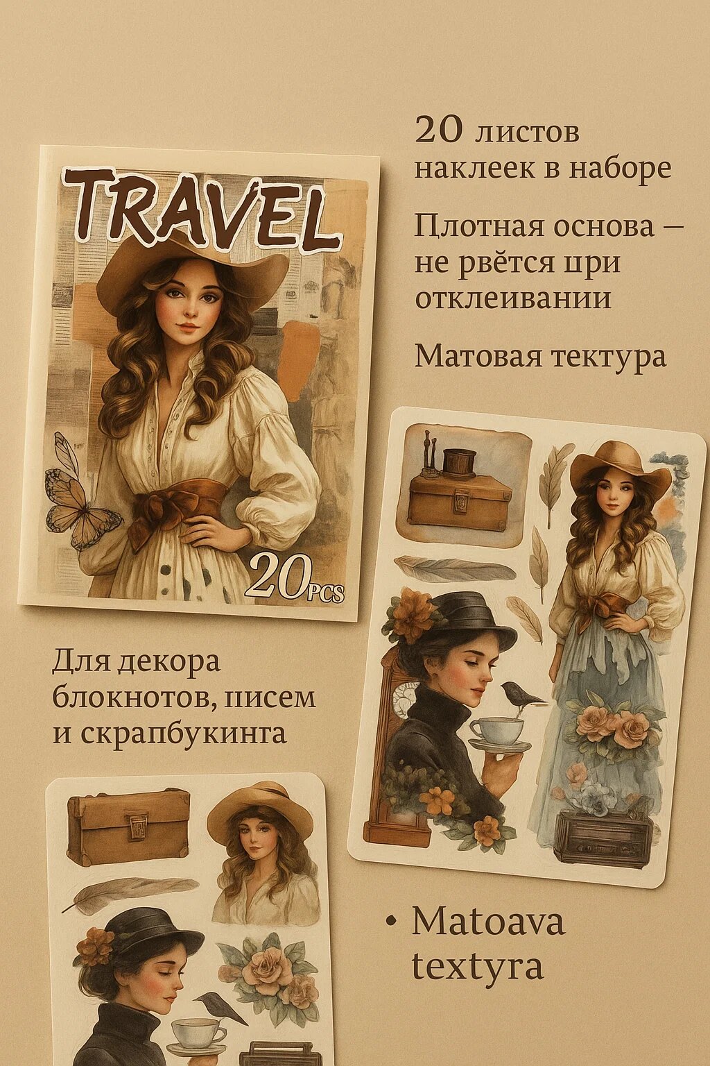 Набор винтажных наклеек TRAVEL — 20 листов матовых стикеров для декора и скрапбукинга