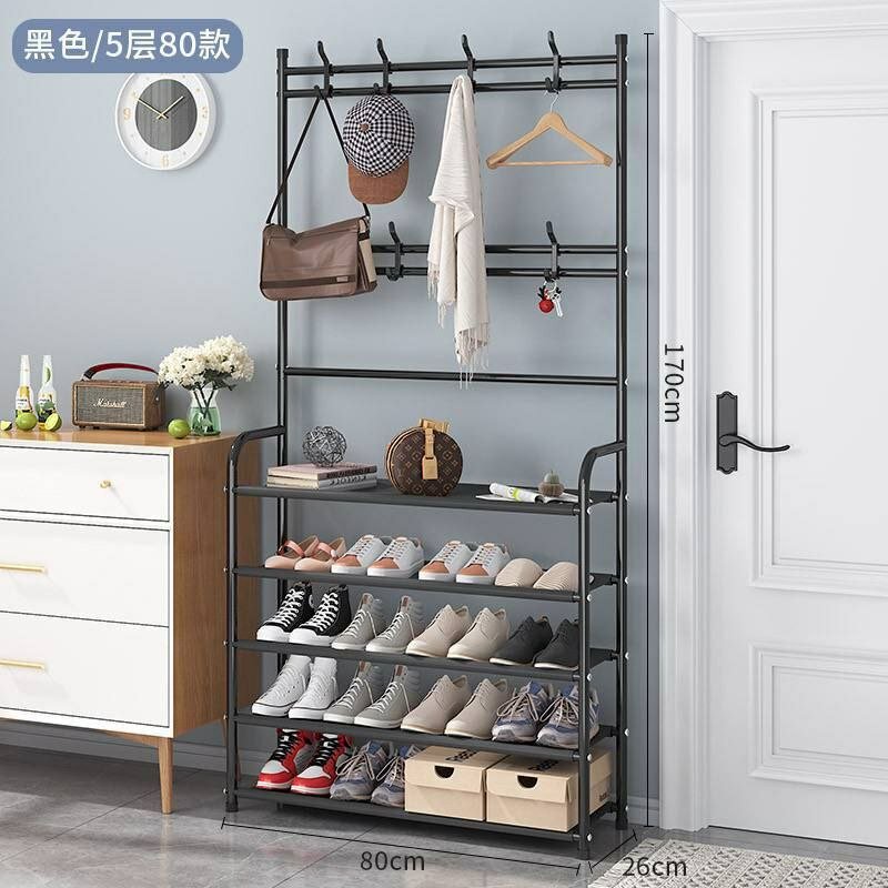 Обувница с вешалкой — 5 полок, 8 крючков, металлическая стойка, вместимость до 20 пар обуви