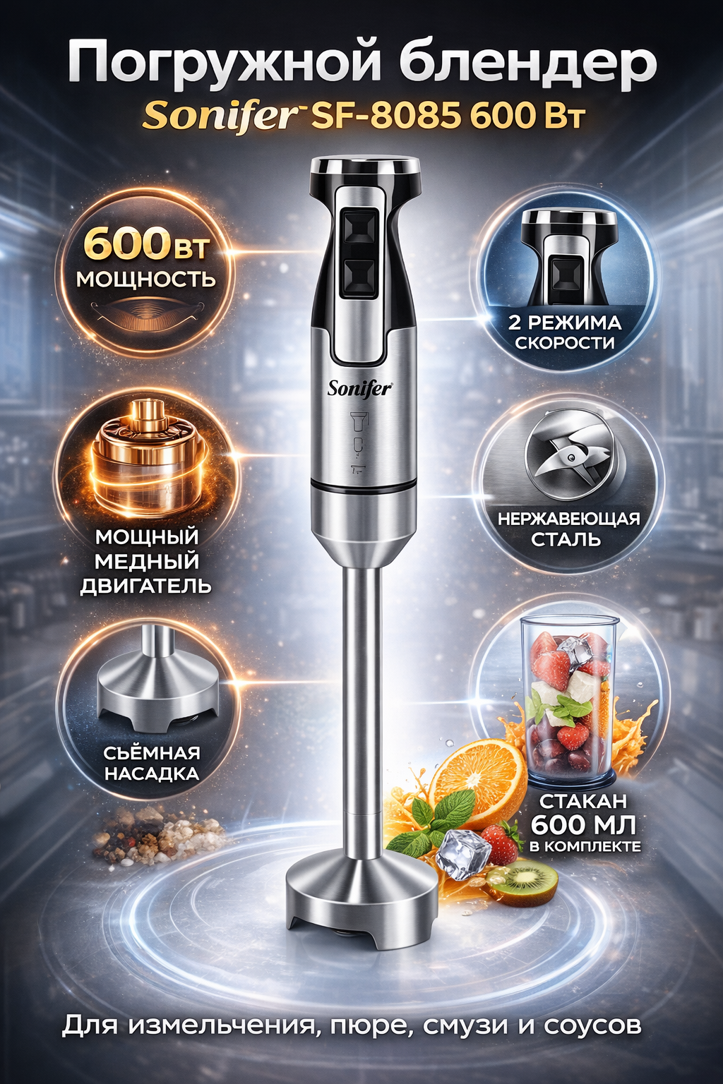 Погружной блендер Sonifer SF-8085, 600 Вт, 2 скорости, нержавеющая сталь