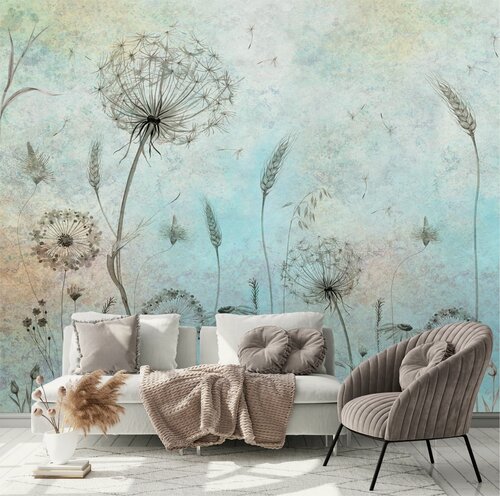 Изображение товара Флизелиновые фотообои на стену "Одуванчики и травы на бирюзовом фоне" 300х270 см. /Арт фотообои с цветами и растениями