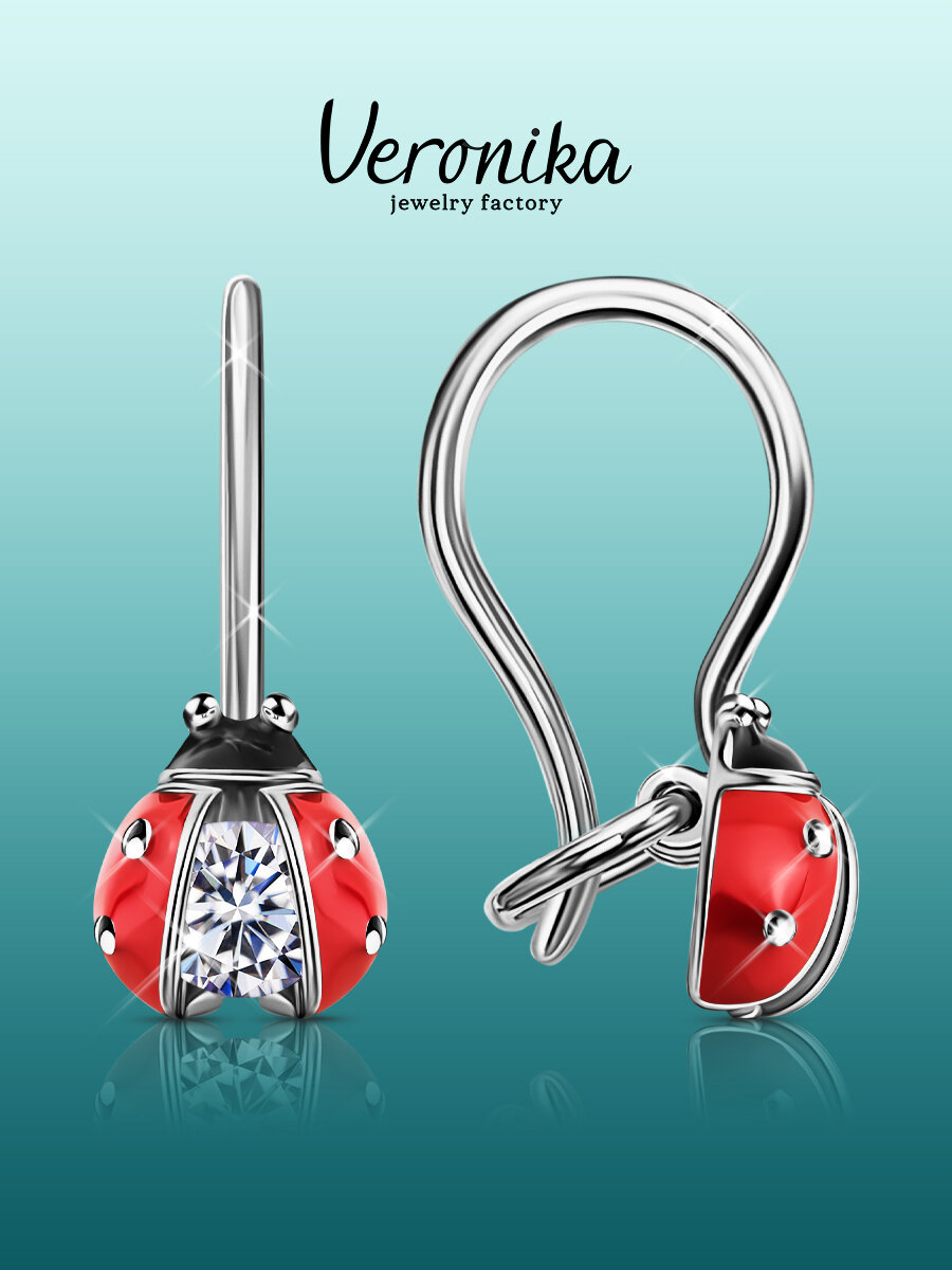 Серьги Veronika, серебро, 925 проба, родирование, фианит, эмаль, , серебристый/красный