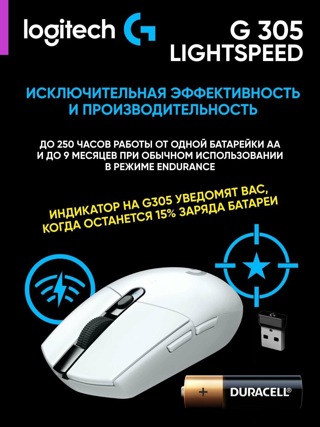 Беспроводная игровая мышь Logitech G305 HERO, 200-12000 DPI, до 10 часов автономной работы, L910-005291, белый — фото 1