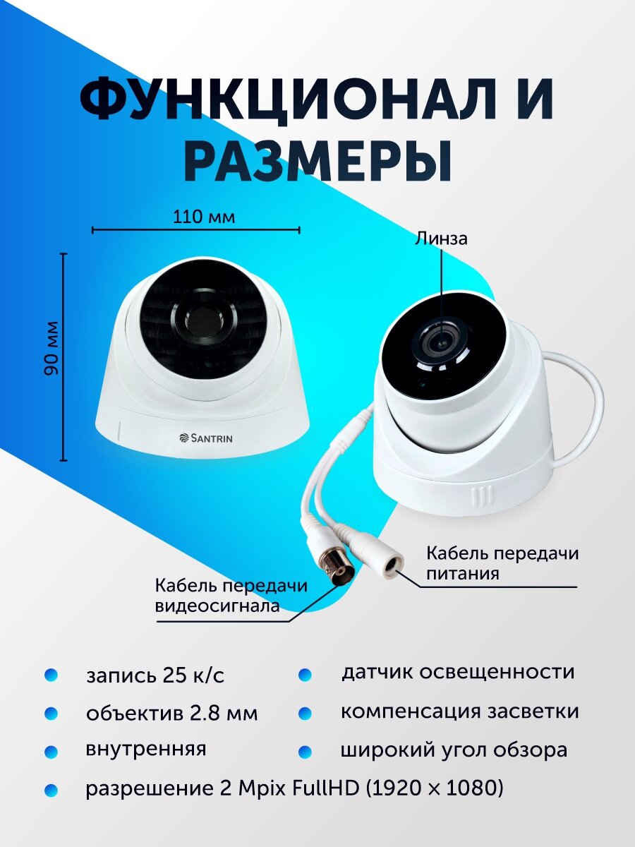 Камера видеонаблюдения для дома, видеокамера купольная внутренняя с ночной съемкой, пластик AHD TVI CVI CVBS 2Мп 2.8мм — фото 1