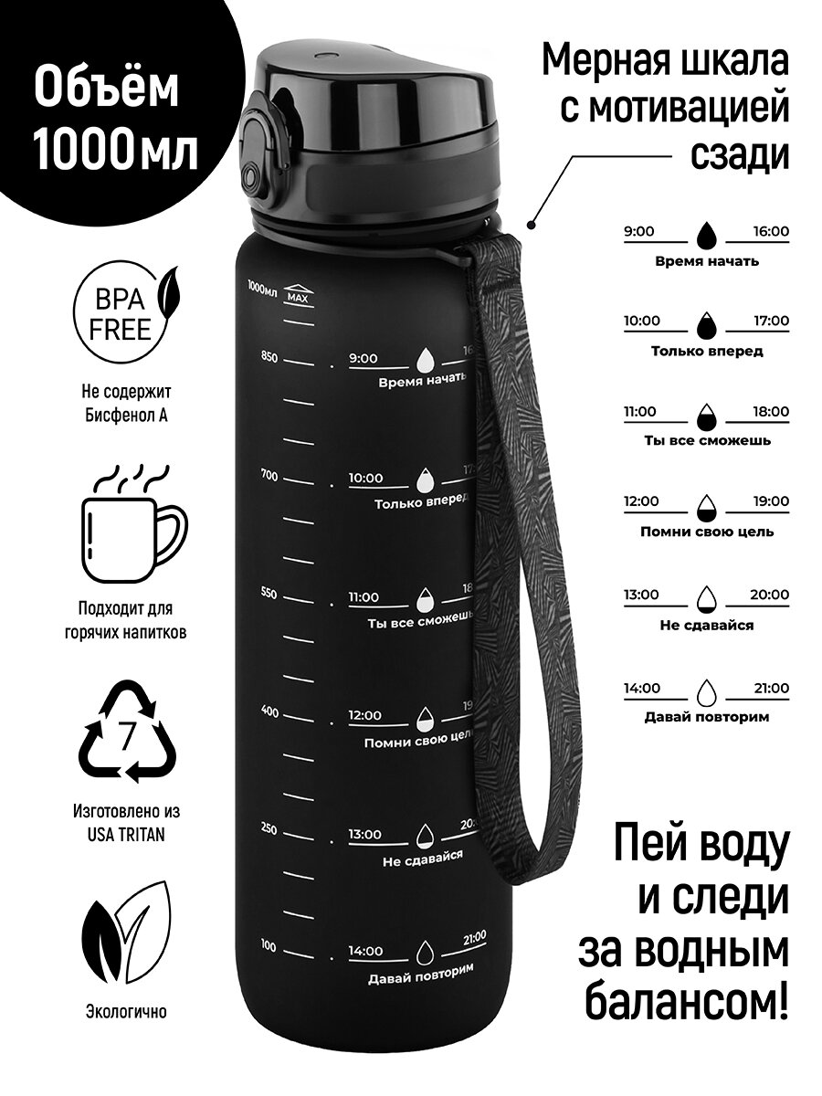 Бутылка для воды спортивная, для холодных и горячих напитков 1000 мл Elan Gallery Style Matte, мотивационная, черная
