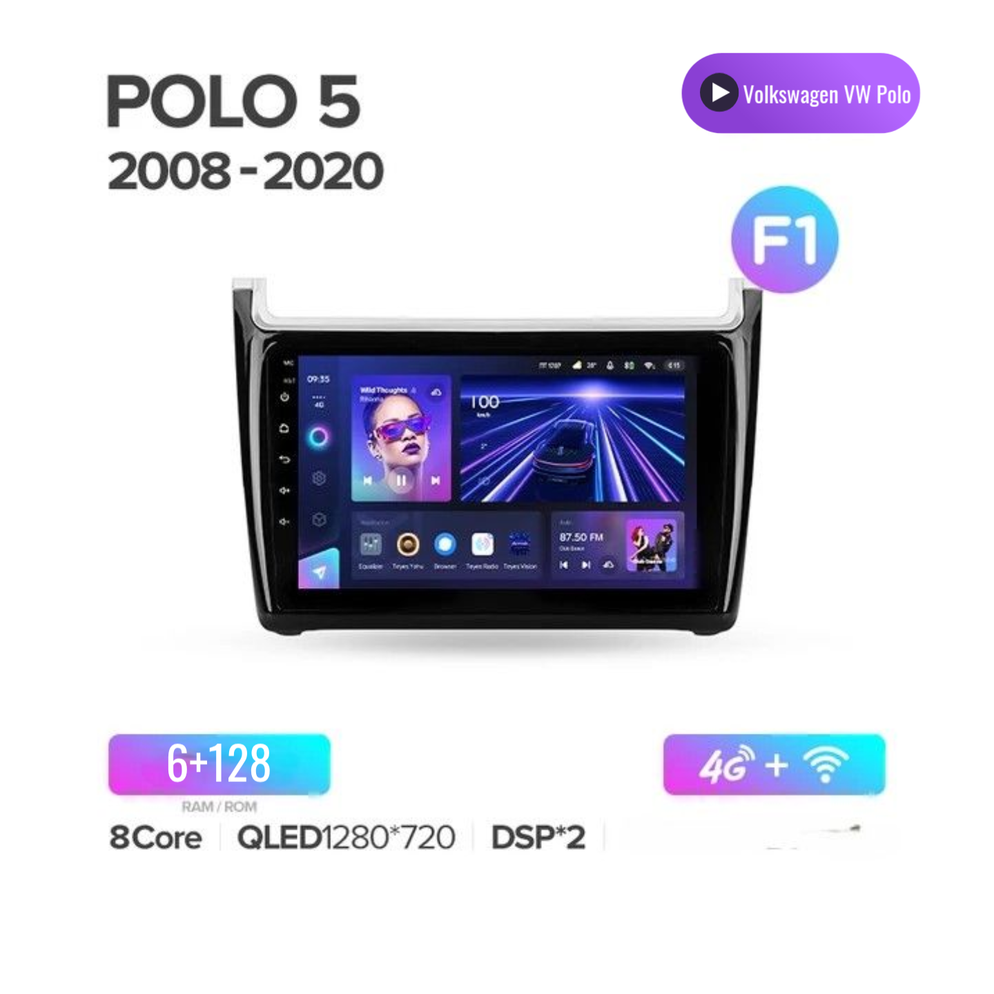 Магнитола для Volkswagen Polo 2009-2020/Android,8 ядер 9дюймов/4+64G/Wi-Fi/CarPlay/Sim /рамка и камера