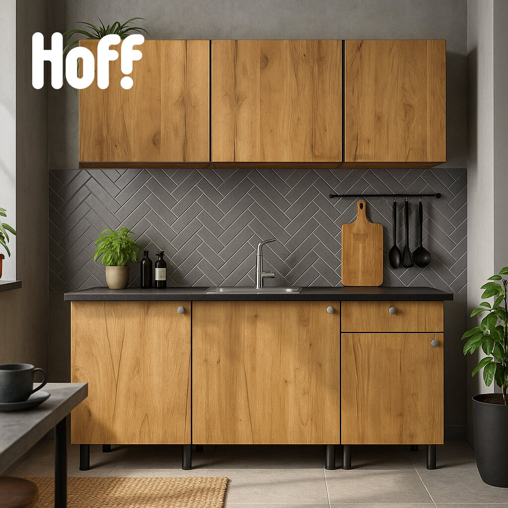 Кухонный гарнитур Hoff КГ-1 160х1982х60 цвет белый дуб золотой чёрный